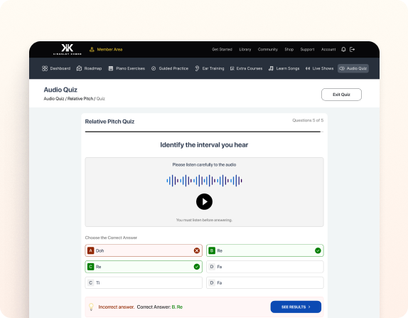 Audio quiz ear training interface
