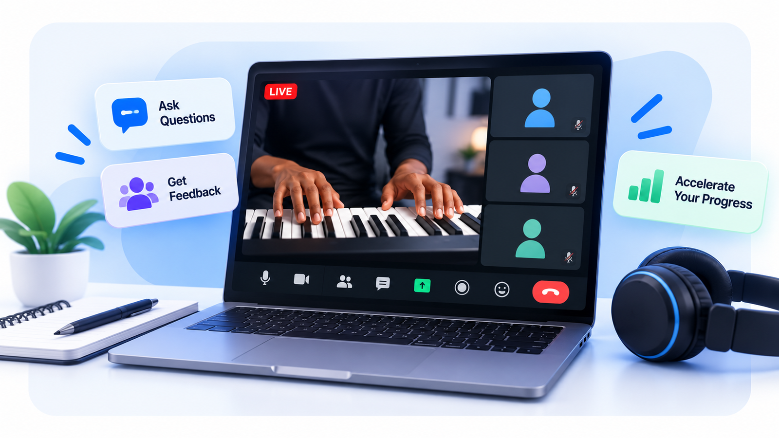 Live Zoom session with real-time piano instruction