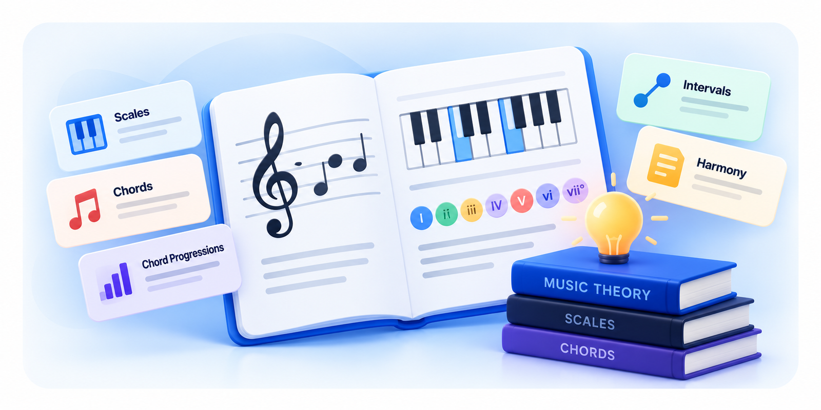 Music theory fundamentals: scales, chords, intervals, harmony, chord progressions