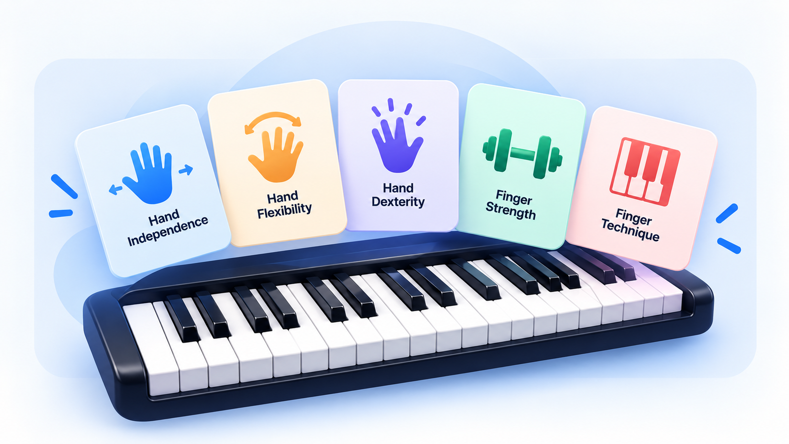 Finger exercise categories: Hand Independence, Hand Flexibility, Hand Dexterity, Finger Strength, Finger Technique